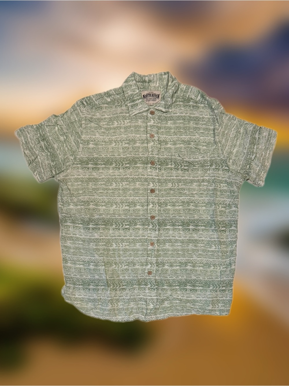 North River Men’s Size Large Green White Abstract Button-Up Short Sleeve Shirt